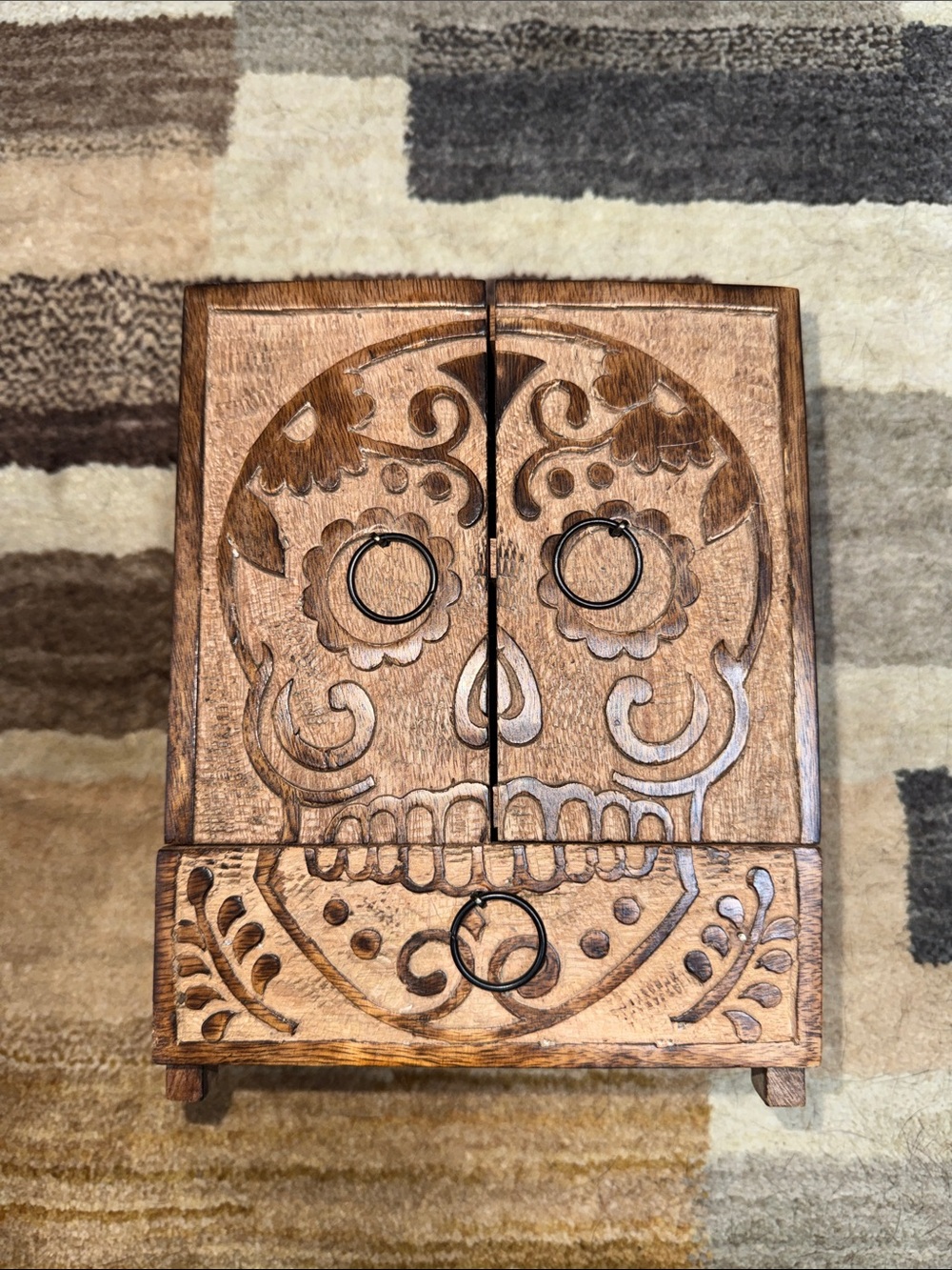 Hand-Carved Wooden Skull Jewelry Box - Brown